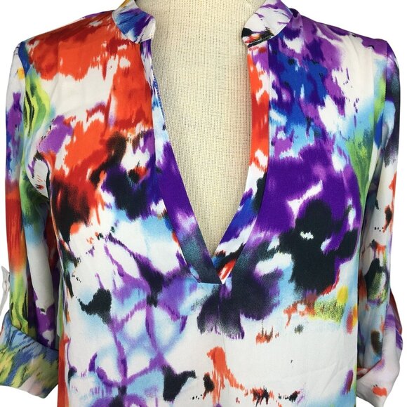 Chelsea Taylor Womens Top Size S Watercolor V-neck Tab Slvs Hi Low Hem Colorful - Picture 1 of 11